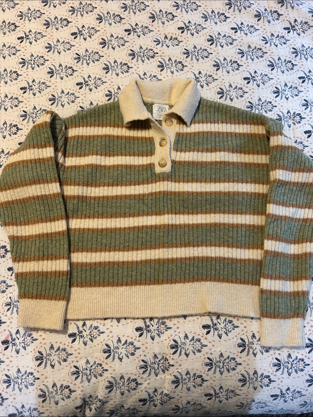 Zara Olive Green & Cream Striped Polo Knit Sweater